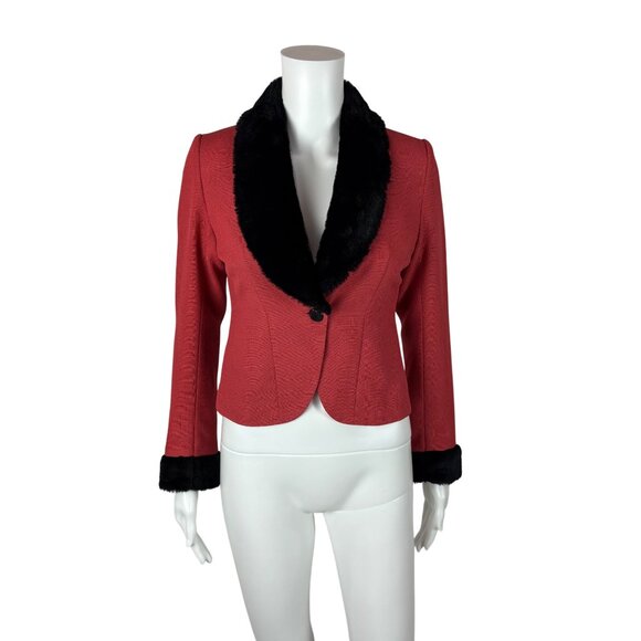 Vintage 80s Tuxedo Jacket Women's XS Salmon Black Faux Fur 40s Style Mini Blazer - Picture 2 of 10